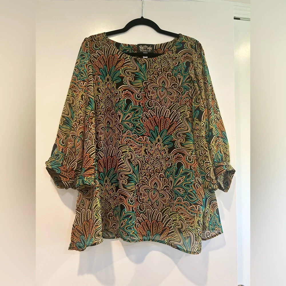Bob Mackie Blouse Womens Plus 1X Colorful Wearable Art Batwing Dolman Lined Top - Picture 2 of 11